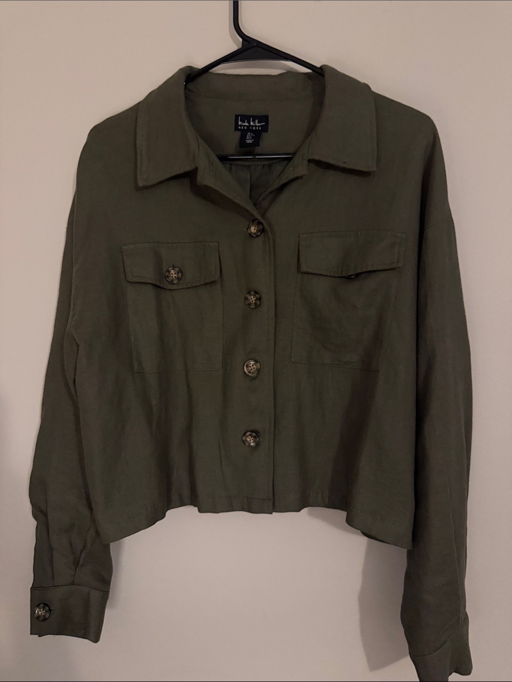 Nicole Miller Olive Utility Crop Jacket with Chest Flap Pockets